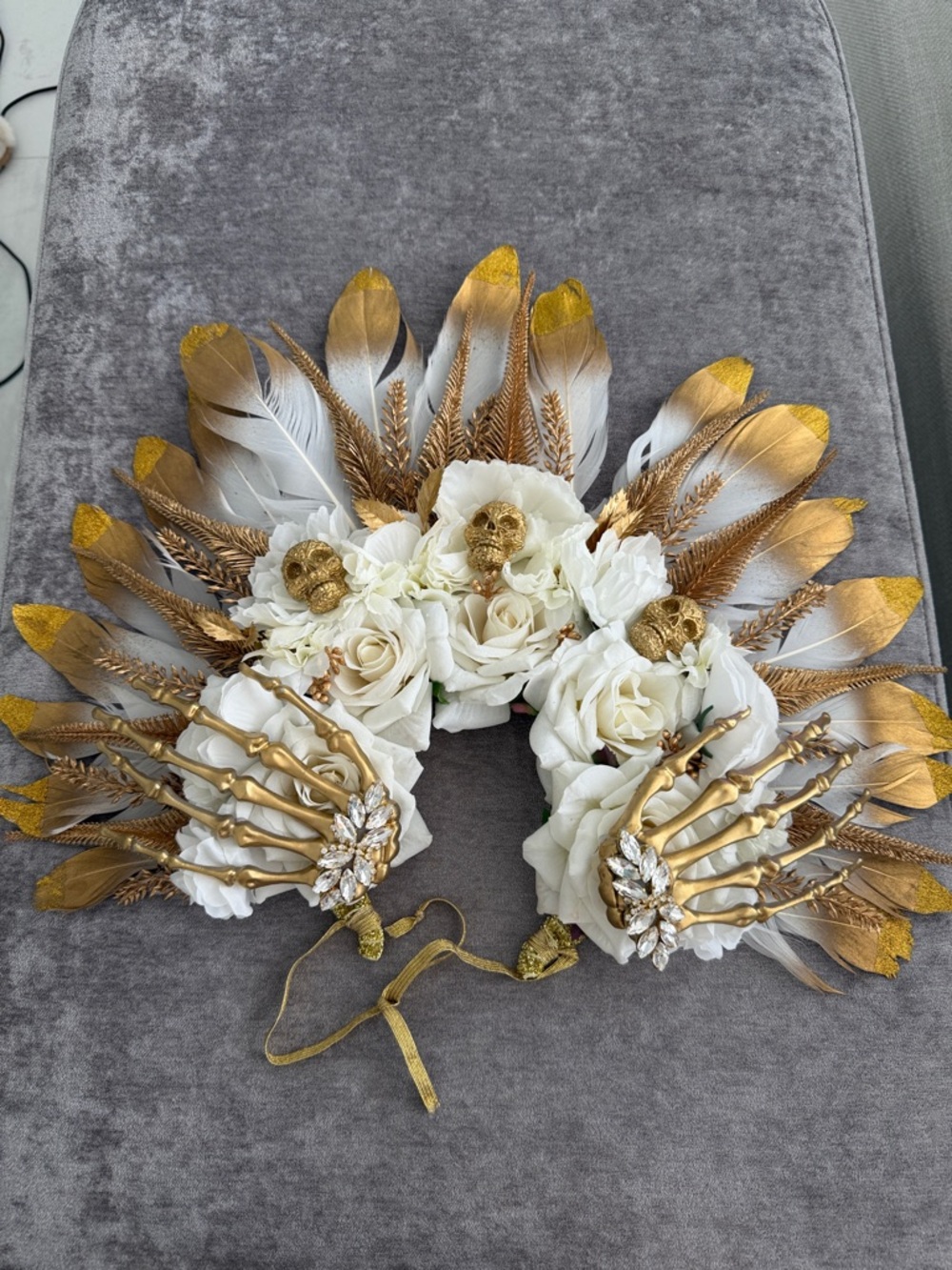 Burning Man Headband Gold & White Floral Feather Headdress